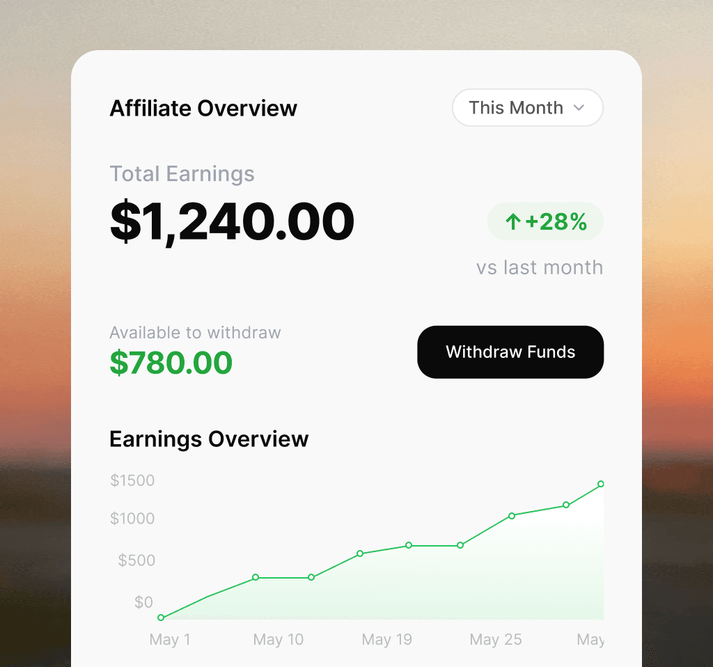 Affiliate earnings dashboard showing total earnings and an upward earnings chart